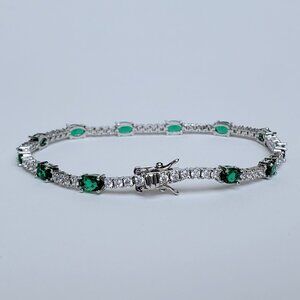 Sterling Silver Womens 2ct Green Emerald Gemstone Diamond Tennis Bracelet 7" 8"